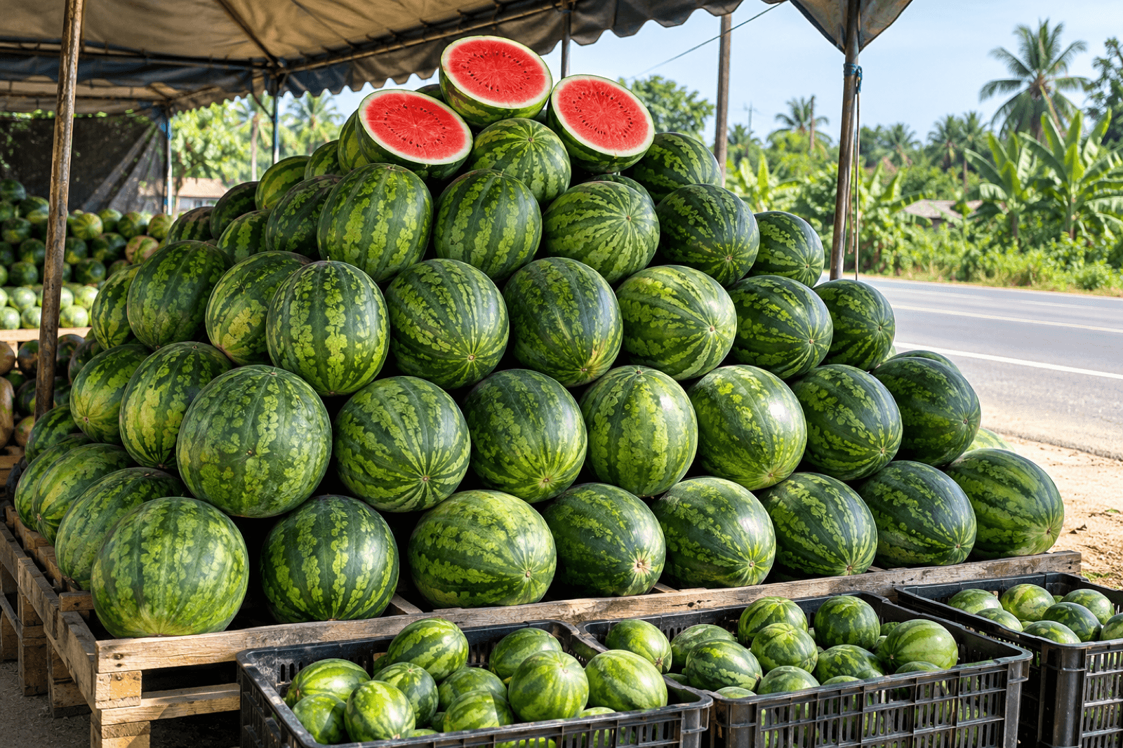 Tidy pyramid of whole watermelons at a Malaysian roadside fruit stall