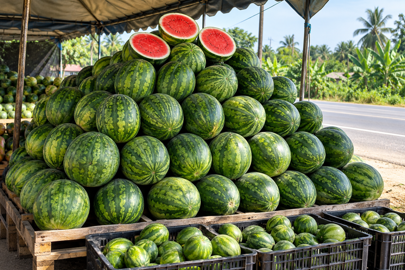 A neat pyramid of whole watermelons on a roadside fruit stall