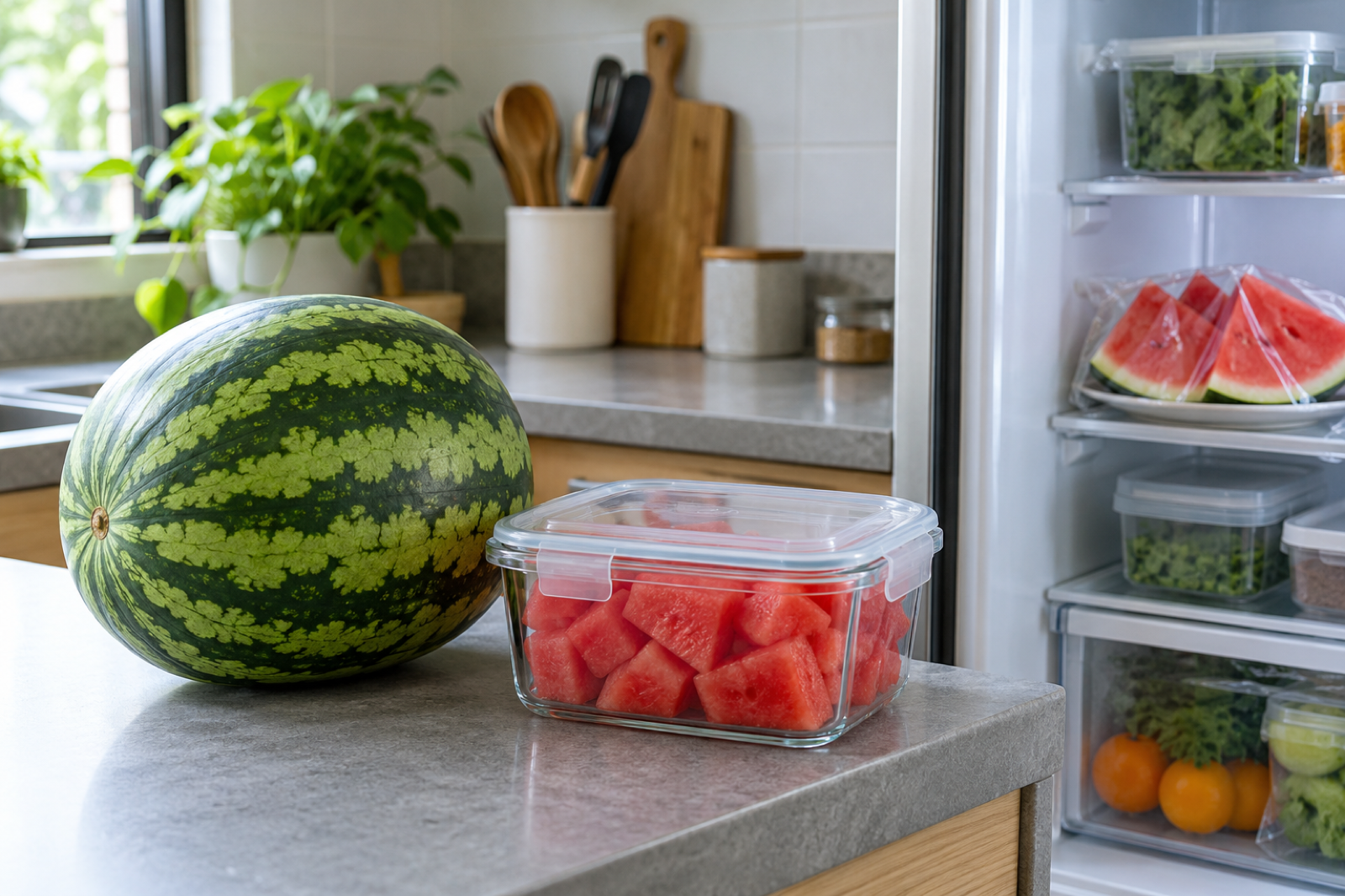 Cut watermelon pieces in a lidded glass container on a kitchen counter